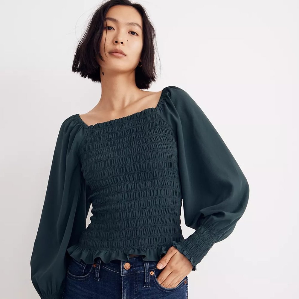 NWT Madewell Lucie Bubble Sleeve Smocked Top | Boho Summer Blouse | Size Large